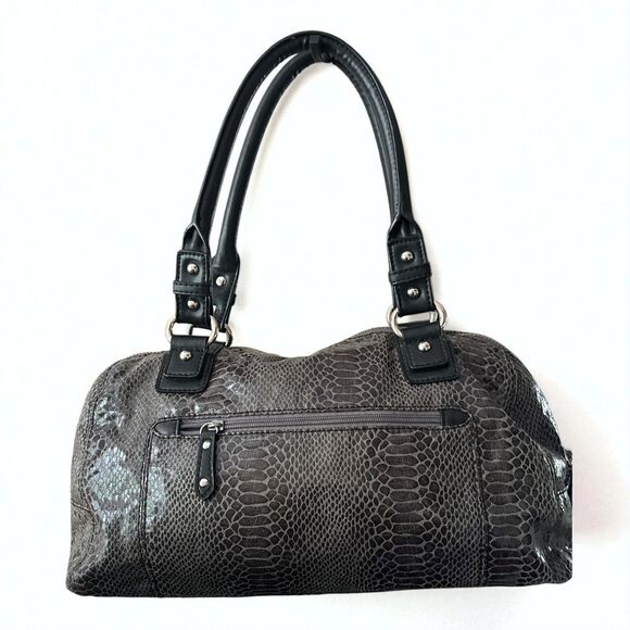 Nine West Black Snakeskin Leather Satchel Handbag Purse Double Handles, Pockets - Picture 2 of 6